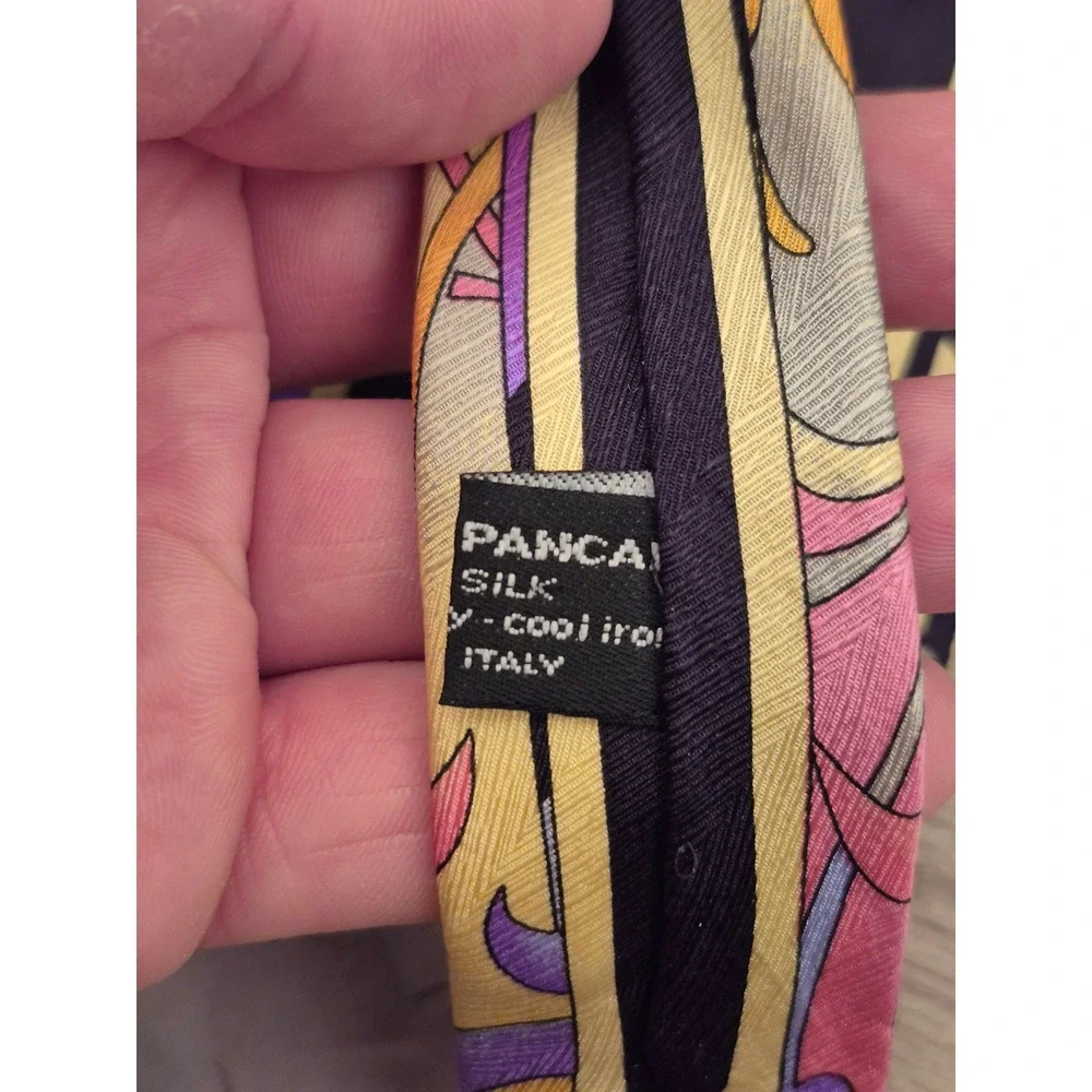 Pancaldi Mens Silk Tie Abstract Psychedelic Gold Floral Geometric Made in Italy‎